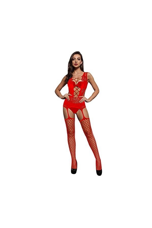 UOWEG Femmes Sexy Lingerie Résille Bodystocking sous-Vêtements De Nuit Chemises Bodys Lingerie Lit Red, One Size 