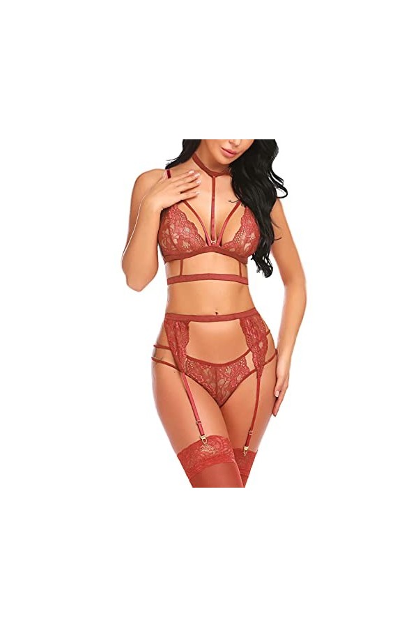 LDadgf Ensemble de lingerie en dentelle de couleur unie avec soutien-gorge ras du cou amovible à bretelles et culotte sans ba