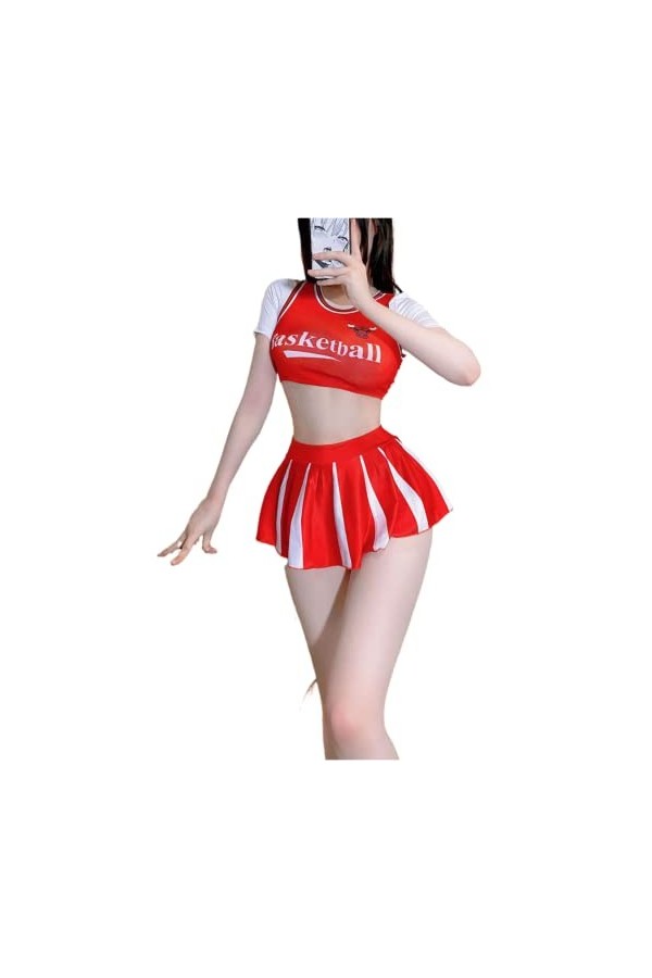 LureZone Uniforme de pom-pom girl sexy à manches courtes pour femme, uniforme de scène, cosplay, fête, Halloween 6954rouge 