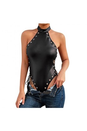Générique Lingerie Femme Sexy Ensemble, Combinaison Cuir Une Pièce À Nouer Sur Les Côtés, Col Licou Et Dos Ouvert Lingerie St
