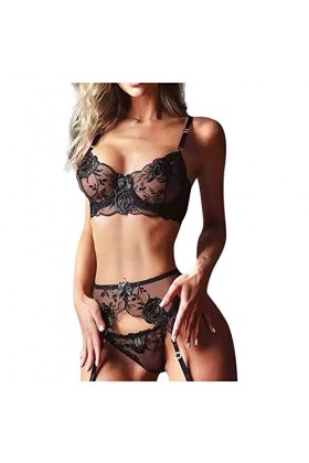 Générique Lingerie Sexy, Femme Sous-Vêtements Féminins Sexy En Maille Transparents Avec Bordures Dentelle Combinaison Trois P