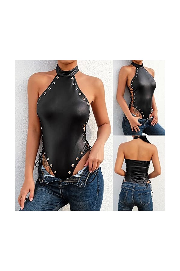 Lingerie Sexy, Femme Combinaison En Cuir Sexy Une Pièce À Nouer Sur Les Côtés, Col Licou Et Dos Ouvert Lingerie String Combin