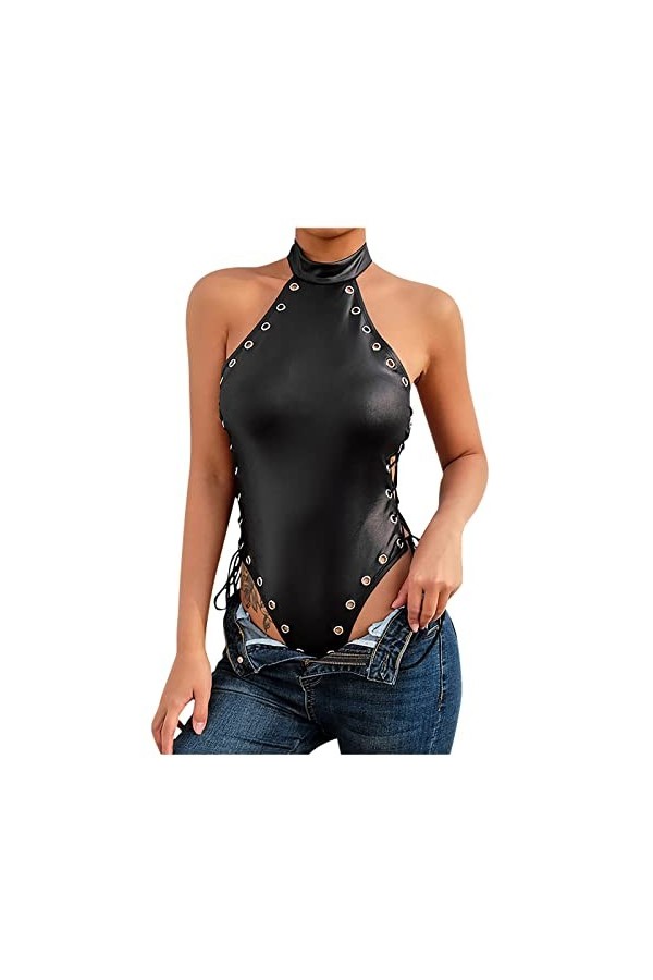 Générique Lingerie Erothique Sexy, Femme Combinaison En Cuir Sexy Une Pièce À Nouer Sur Les Côtés, Col Licou Et Dos Ouvert Li