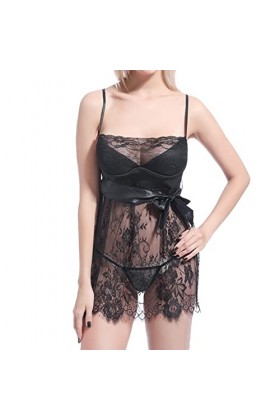 liaddkv Femmes Grande Taille Lingerie Sexy Dentelle Noire Cils Couture Bord Mesh Transparent Jupe Bretelles Pyjama Sous-vêtem