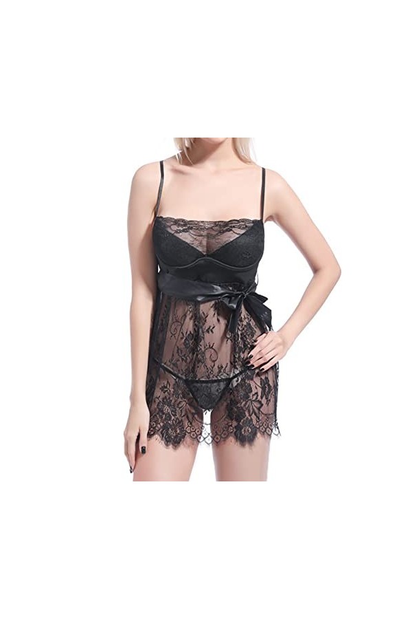 liaddkv Femmes Grande Taille Lingerie Sexy Dentelle Noire Cils Couture Bord Mesh Transparent Jupe Bretelles Pyjama Sous-vêtem