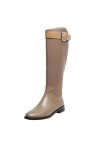 WOkismD Sexy Round-Toe, à talons épais, sans genou Boucle High-Cut Multi-Wear Flat-Soled Straight Boots,Gris,37 EU