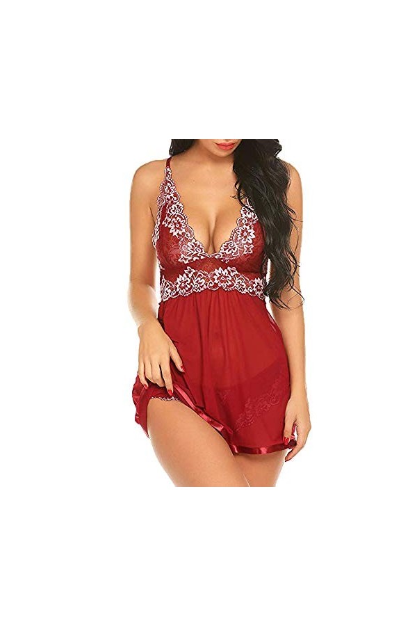 PANPANY Teddy Dentelle en V Cou Halter Lingerie Set Femmes vêtements de Nuit Sexy Chemise Bodies Sexy Red, S 