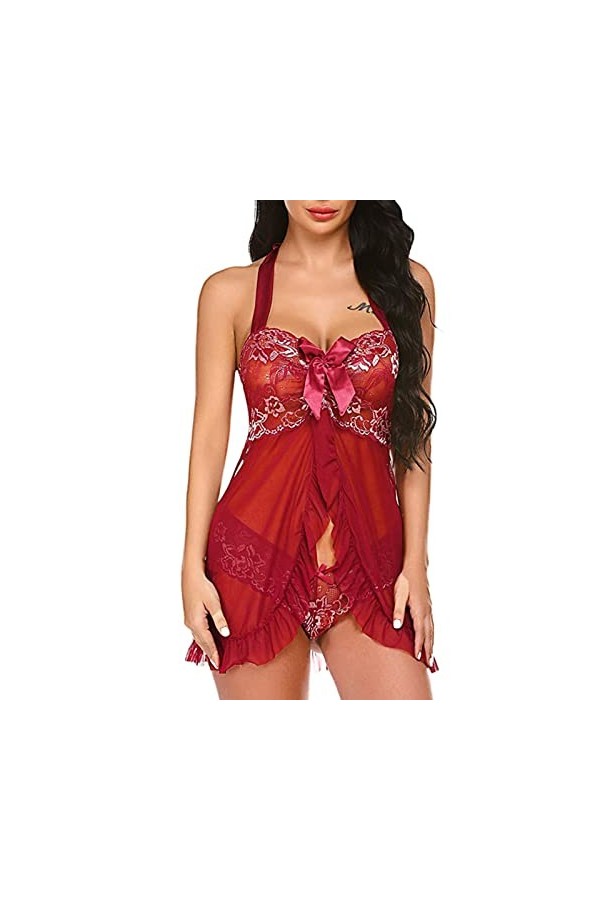 PANPANY Femmes Dentelle Sexy Lingerie Combinaison Body vêtements de Nuit Sexy Lingerie sous-vêtements Lingerie Fesse Red, XX