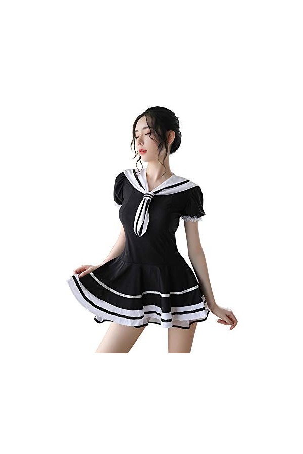 SINMIUANIME Tenue décolière sexy Anime Lingerie Jupe plissée Uniforme Robe mignonne Étudiante Cosplay Costume, 6914 Noir, ta