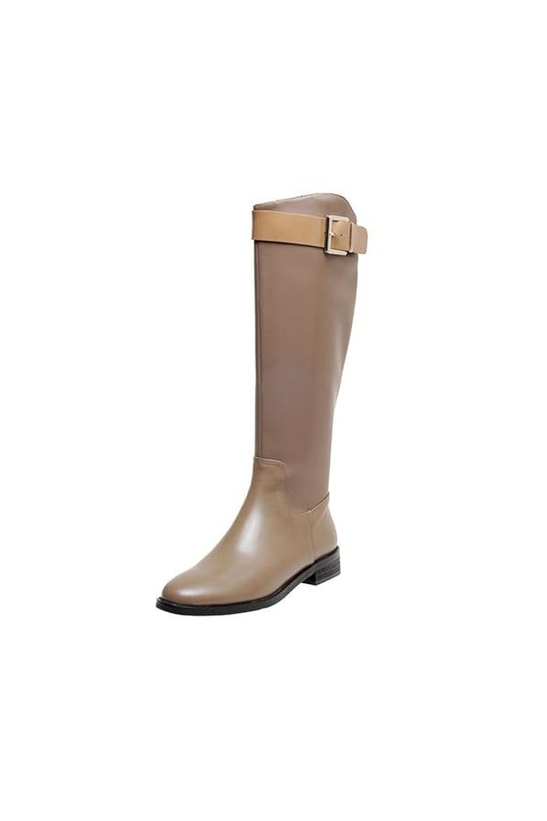 WOkismD Sexy Round-Toe, à talons épais, sans genou Boucle High-Cut Multi-Wear Flat-Soled Straight Boots,Gris,37 EU