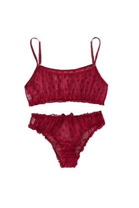 Soutien-Gorge Séduction Ouvert Ajouré Sexy String sans Entrejambe Dentelle Pyjama de Chambre Push-up Rembourré Femme Elegance