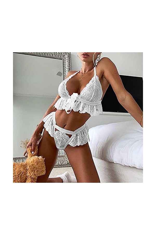 sous-Vetements Femme Erotique Ensemble Soutien Gorge et String Dentelle Vêtements De Nuit 2 Pièce Lingerie Sexy Ensemble Sexy