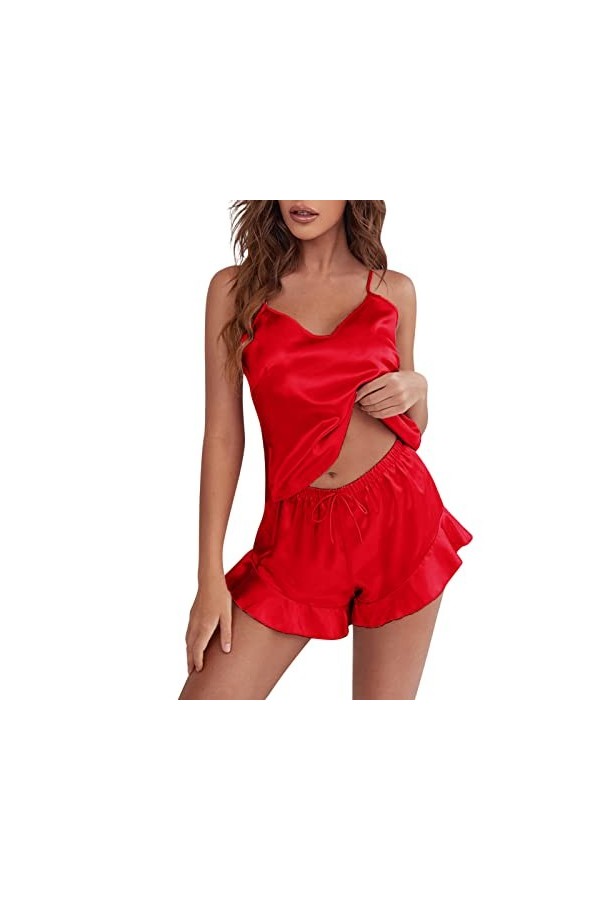 IKFIVQD Lingerie sexy en dentelle pour femmes, sous-vêtements sexy en satin de soie à volants ensembles de pyjamas shorts ens