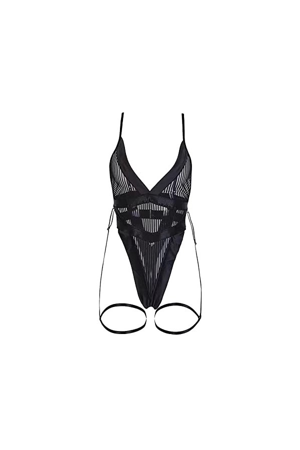Combinaison ultra fine sexy en maille avec bretelles transparentes et lingerie sexy, Noir , S