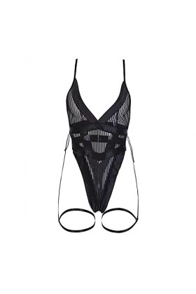 Combinaison ultra fine sexy en maille avec bretelles transparentes et lingerie sexy, Noir , S