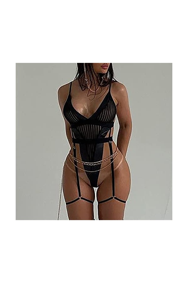Combinaison ultra fine sexy en maille avec bretelles transparentes et lingerie sexy, Noir , S