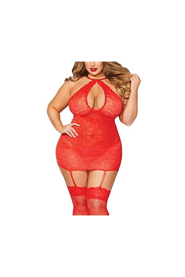 LDadgf Femmes Sexy Halter Plus Dentelle Sous-vêtements Porte-clés Poupée Chemise avec Collants Combinaison Femme Élégant Sexy