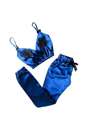 BIISDOST V-Neck Camisole Tache Dentelle Pants Bowknot Ensemble Pyjama Cils Femmes Sexy String Ficelle Lot Blue, S 