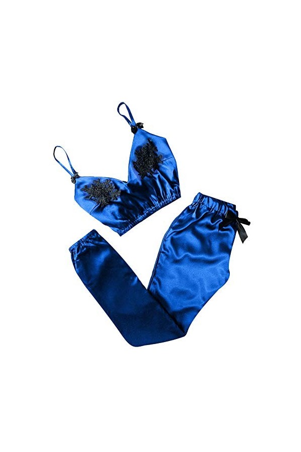 BIISDOST V-Neck Camisole Tache Dentelle Pants Bowknot Ensemble Pyjama Cils Femmes Sexy String Ficelle Lot Blue, S 