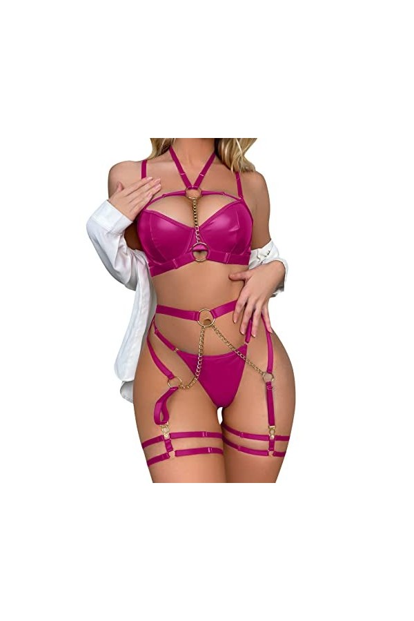 OBiQuzz Lingerie Sexy Femme Trois Pièces Sous-Vêtements Chaîne Cou Taille Lourd Artisanat Sexy Lingerie Vêtements, Rose, XXXL