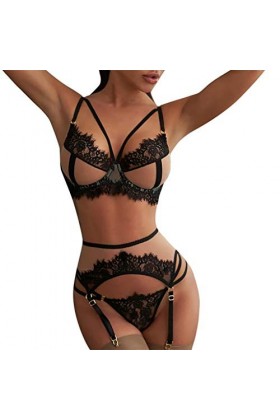 YANFJHV Ensemble sexy sans manches Sous-vêtements Poupée Soutien-Gorge + Collants + Slip Dentelle Découpée Body Dentelle, Noi