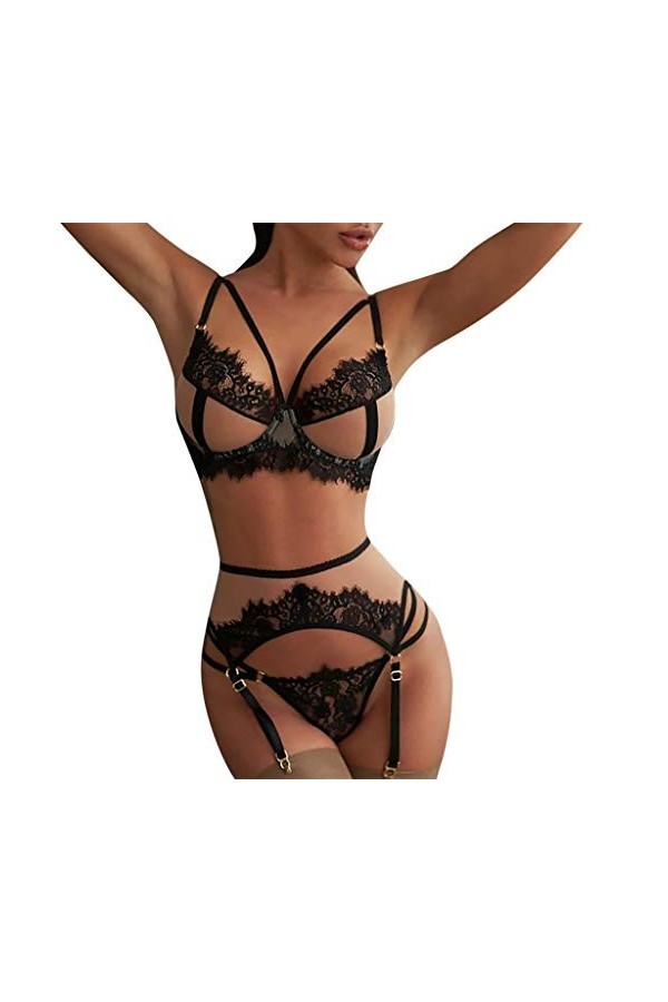 YANFJHV Ensemble sexy sans manches Sous-vêtements Poupée Soutien-Gorge + Collants + Slip Dentelle Découpée Body Dentelle, Noi