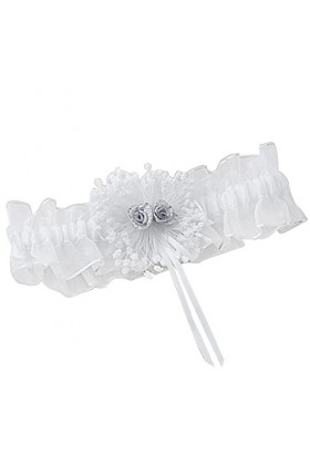 Tiuimk Jarretière de mariage élégante et élégante à volants – Blanc avec bordure argentée et roses, longueur réglable, Comme 