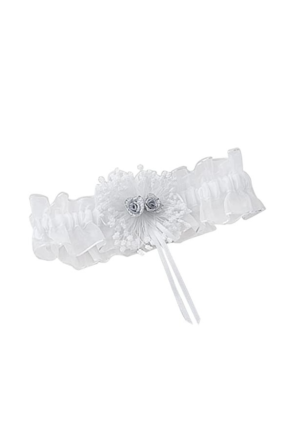 Tiuimk Jarretière de mariage élégante et élégante à volants – Blanc avec bordure argentée et roses, longueur réglable, Comme 