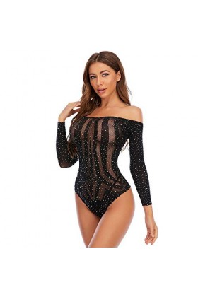iOoppek lingerie grande taille femme épaule très sexy combinaison résille longue perceuse lingerie lapin lingerie, Noir , tai