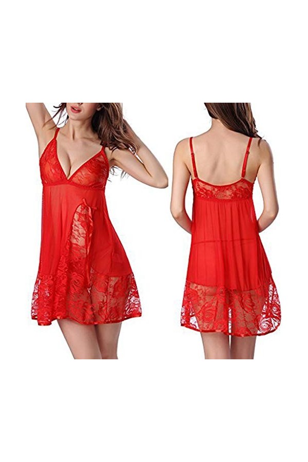 PANPANY Sexy Ladies Lingerie Sleepwear Femmes Plus Taille Dentelle Bow sous-vêtements Robe de Nuit Oups Lingerie Red, M 