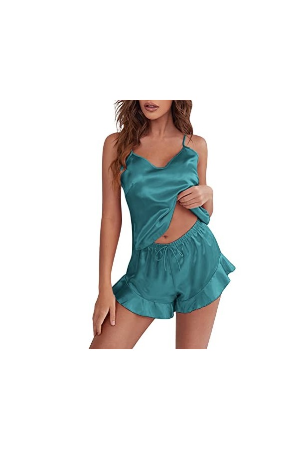 IKFIVQD Lingerie sexy en dentelle pour femmes, sous-vêtements sexy en satin de soie à volants ensembles de pyjamas shorts ens