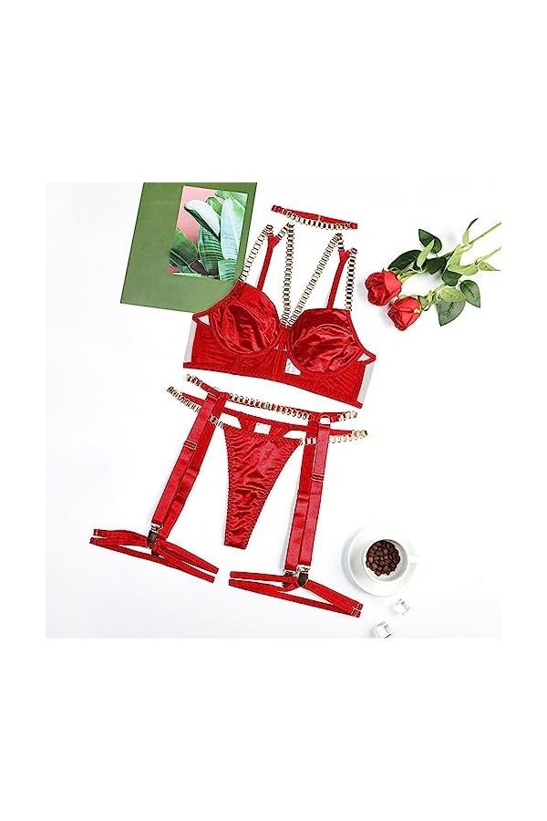 String Lingerie Sexy Ultra Sexy Mode Mesh Transparent Sling Fendu Sexy Sous-vêtements Lingerie Manteau, rouge, L