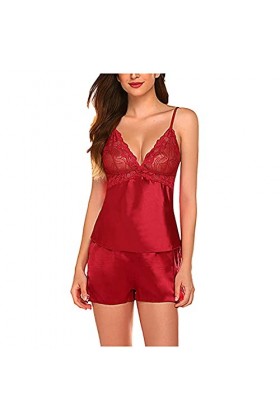 Lingerie sexy en satin pour femme - Dentelle - Lingerie sexy à volants, rouge, XL