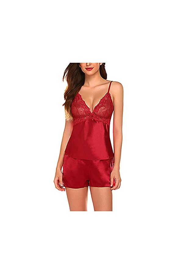 Lingerie sexy en satin pour femme - Dentelle - Lingerie sexy à volants, rouge, XL