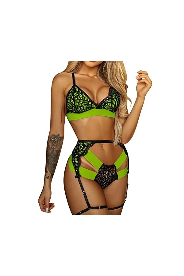 Lingerie Sexy Hot Chaude Femme Dentelle Porte Jarretelles Ensemble de Soutien-Gorge et de Culottes Sexy à Bretelles Elasticit
