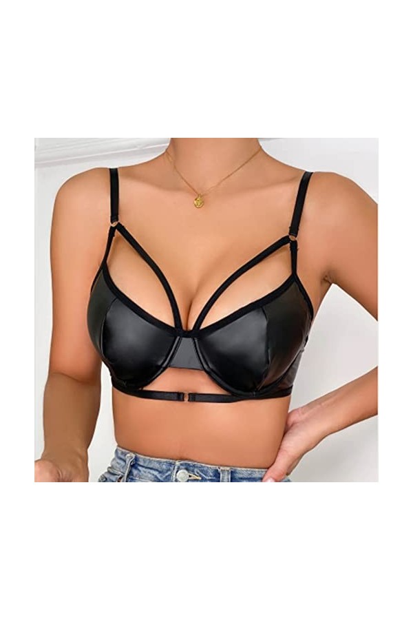 UOWEG Lingerie en PU avec boucle et bretelles pour femme - Soutien-gorge push-up - Sexy - Grande taille, Noir , XL