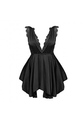 Lingerie pour femme en V - Lingerie sexy en dentelle - Robe profonde - Pyjama irrégulier pour femme, Noir , L