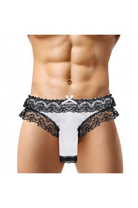 UOWEG Sexy Mens Lace Briefs Open Butt Low G-String Thong sous-vêtements Culottes Mannequin Lingerie White, M 