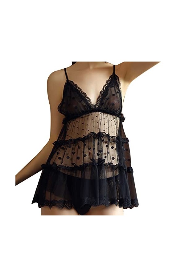 LIBELLEFLY Lingerie sexy en V profond avec bretelles en maille à pois pour femme, Noir , taille unique