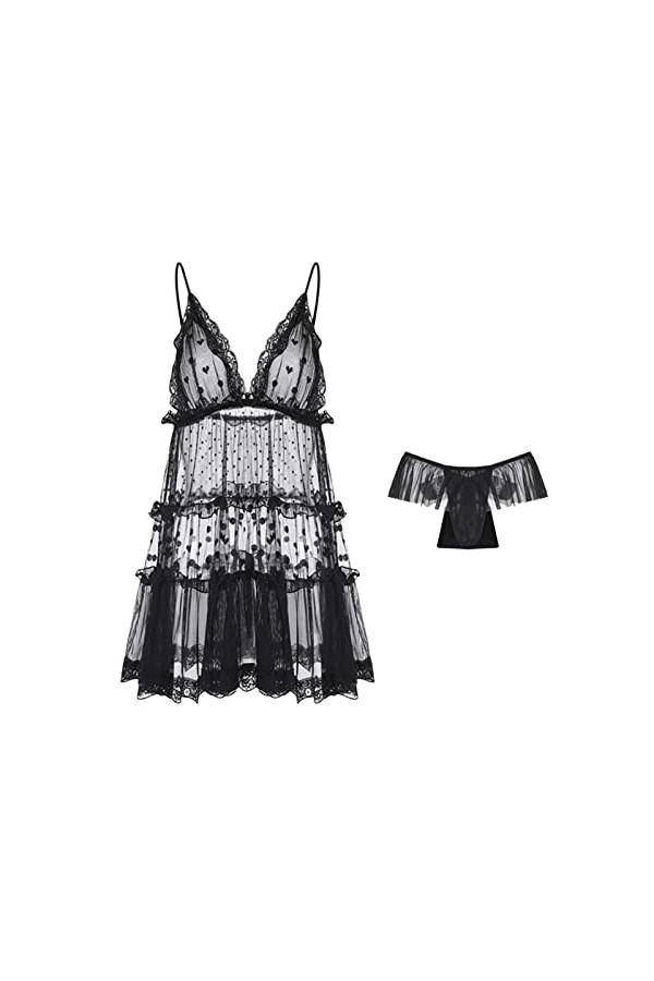 LIBELLEFLY Lingerie sexy en V profond avec bretelles en maille à pois pour femme, Noir , taille unique