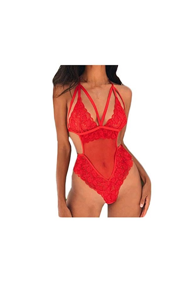 Générique Tenue Sexy avec Trou Sexy Mesh Dentelle Femmes Sheer Backless Bodysuit Teddy Jumpsuit Lingerie Red, L 
