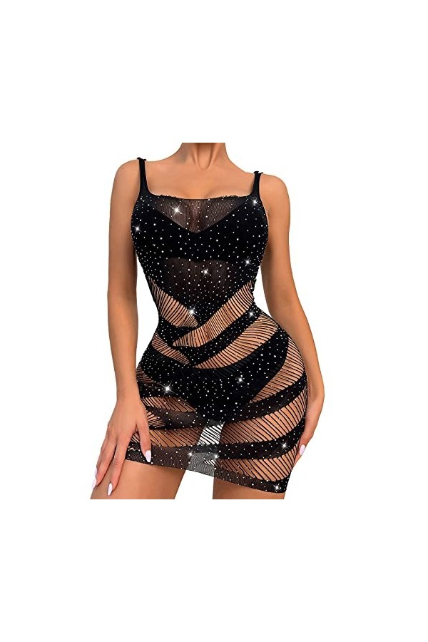 MianYaLi Femmes Sexy Rhinestone Bikini Sexy Dentelle sous-vêtements Ensemble de vêtements de Filet de femptation Pyjama Blac