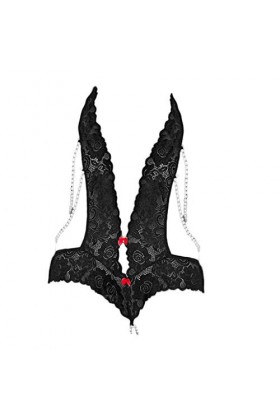 MianYaLi Femmes Sexy Dentelle Perle évider Tentation racé vêtements de Nuit Ensemble de Combinaison Bretelles Black, One Siz