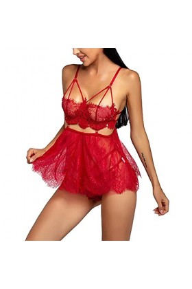 Junhasgood Lingerie Dentelle Homme Sexy Dentelle Robe de Nuit + G-String sous Vêtements Coton Red 2, S 