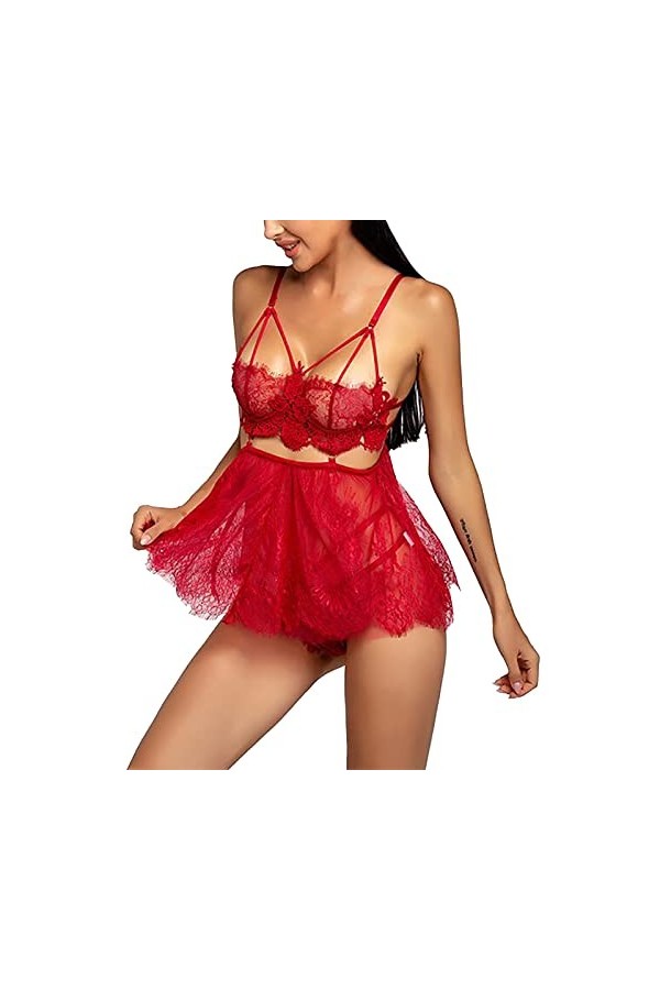 Junhasgood Lingerie Dentelle Homme Sexy Dentelle Robe de Nuit + G-String sous Vêtements Coton Red 2, S 