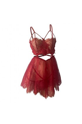 Junhasgood Lingerie Dentelle Homme Sexy Dentelle Robe de Nuit + G-String sous Vêtements Coton Red 2, S 