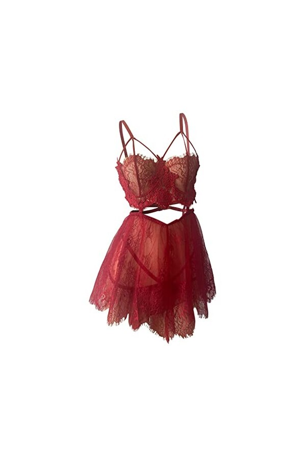 Junhasgood Lingerie Dentelle Homme Sexy Dentelle Robe de Nuit + G-String sous Vêtements Coton Red 2, S 