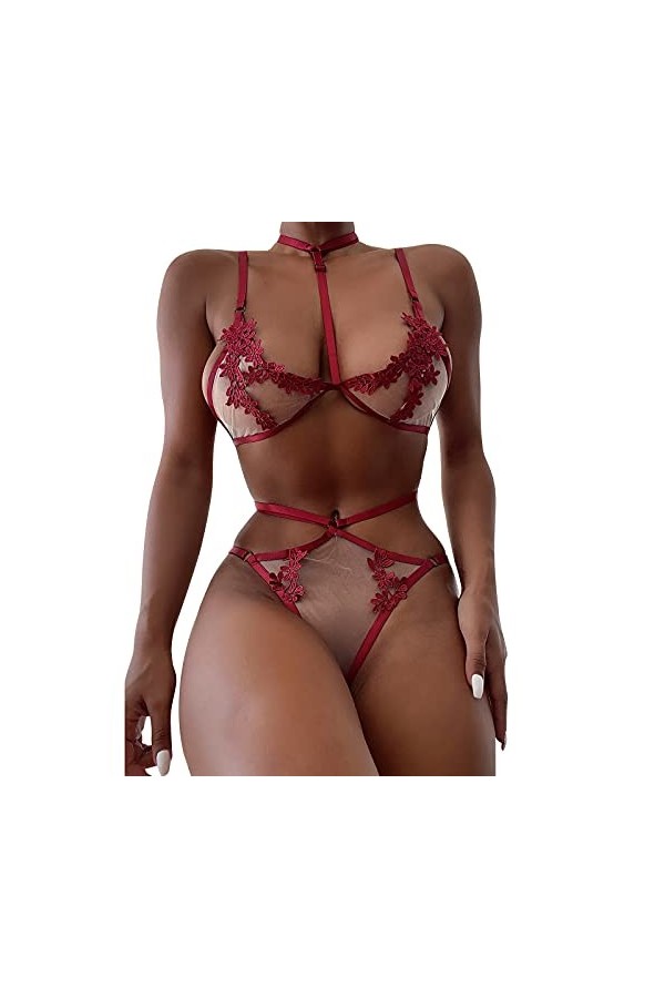 liaddkv Ensemble bague lingerie sexy lingerie sexy sans perspective soutien-gorge en acier 2 pièces collier femme culotte sex