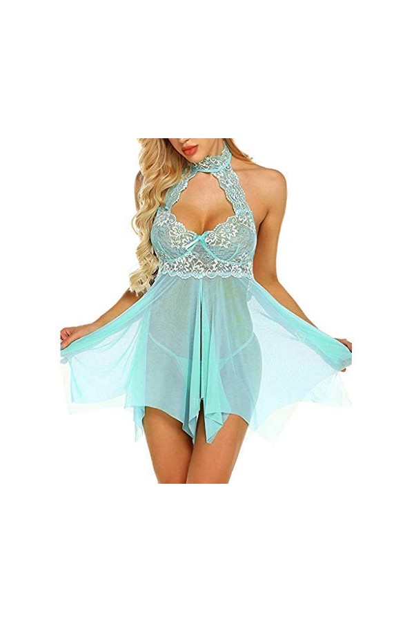 PANPANY Robe Femmes sous-vêtements Nightgown Lace Lingerie Sexy Halter Sleepwear Jupe Sexy Green, XL 