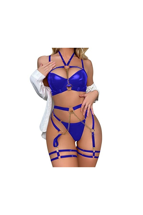 OBiQuzz Lingerie Sexy Femme Trois Pièces Sous-Vêtements Chaîne Cou Taille Lourd Artisanat Sexy Lingerie Vêtements, bleu, 5X-L